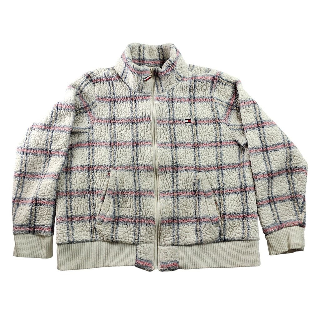 Tommy Hilfiger Jacket Womens Large White Plaid Sherpa Fleece Long‎ Sleeve Zip-Up